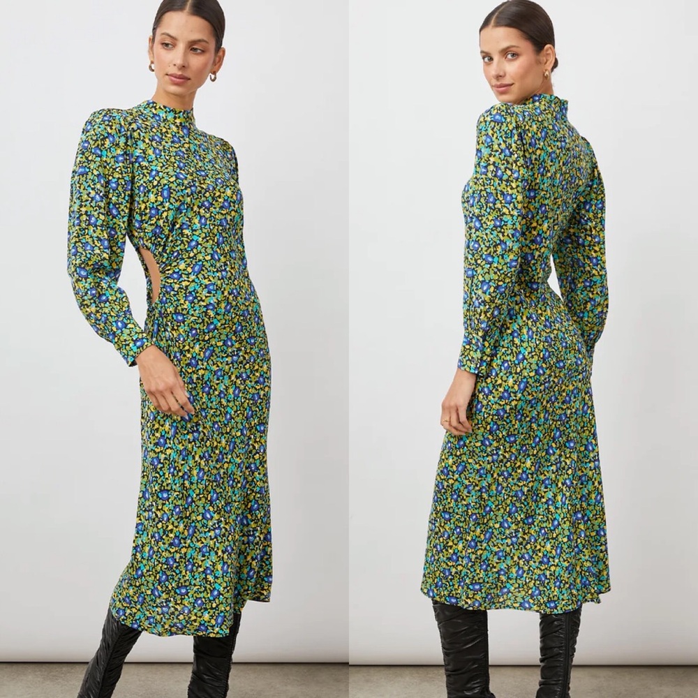 Rails Carmel Midi Dress Abstract Garden Side Cutout Long Sleeve Size Small NEW